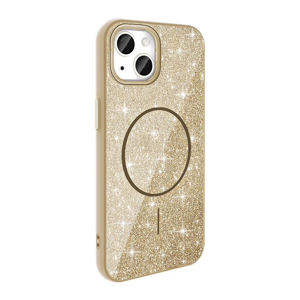 Apple iPhone 14 Kılıf M-safe Şarj Özellikli Parlayan Simli Zore Okso Kapak Gold