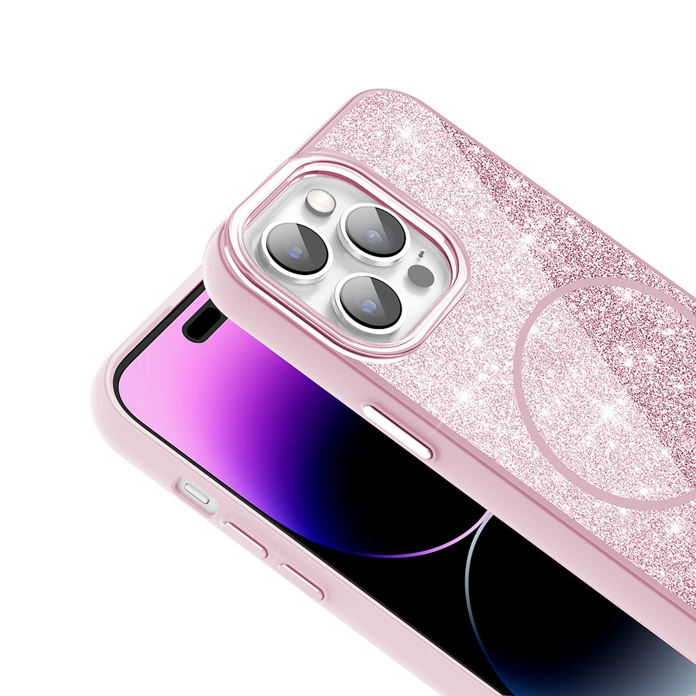 Apple iPhone 14 Pro Max Kılıf M-safe Şarj Özellikli Parlayan Simli Zore Okso Kapak Siyah