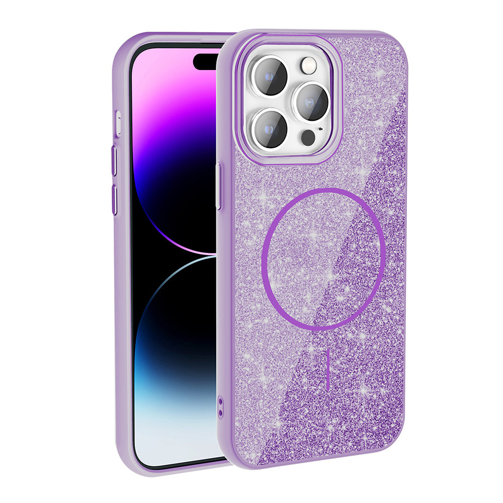 Apple iPhone 14 Pro Max Kılıf M-safe Şarj Özellikli Parlayan Simli Zore Okso Kapak Pembe