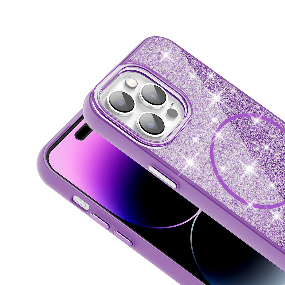 Apple iPhone 14 Pro Max Kılıf M-safe Şarj Özellikli Parlayan Simli Zore Okso Kapak Siyah