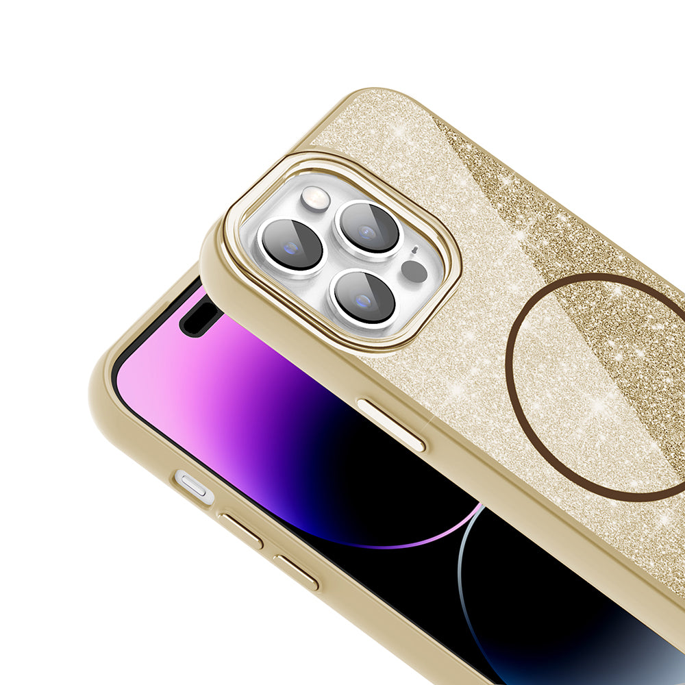 Apple iPhone 14 Pro Max Kılıf M-safe Şarj Özellikli Parlayan Simli Zore Okso Kapak Pembe