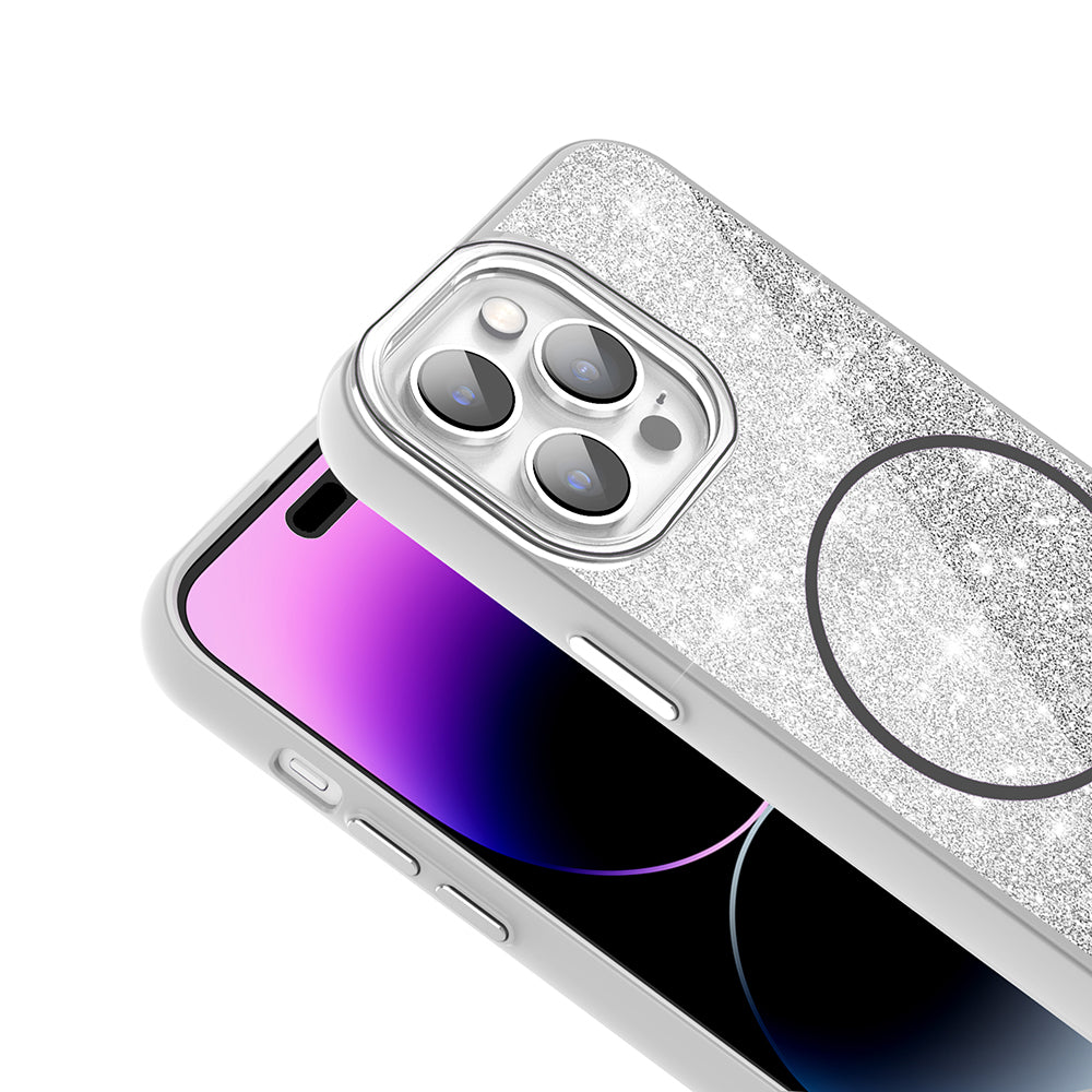 Apple iPhone 14 Pro Max Kılıf M-safe Şarj Özellikli Parlayan Simli Zore Okso Kapak Derin Mor