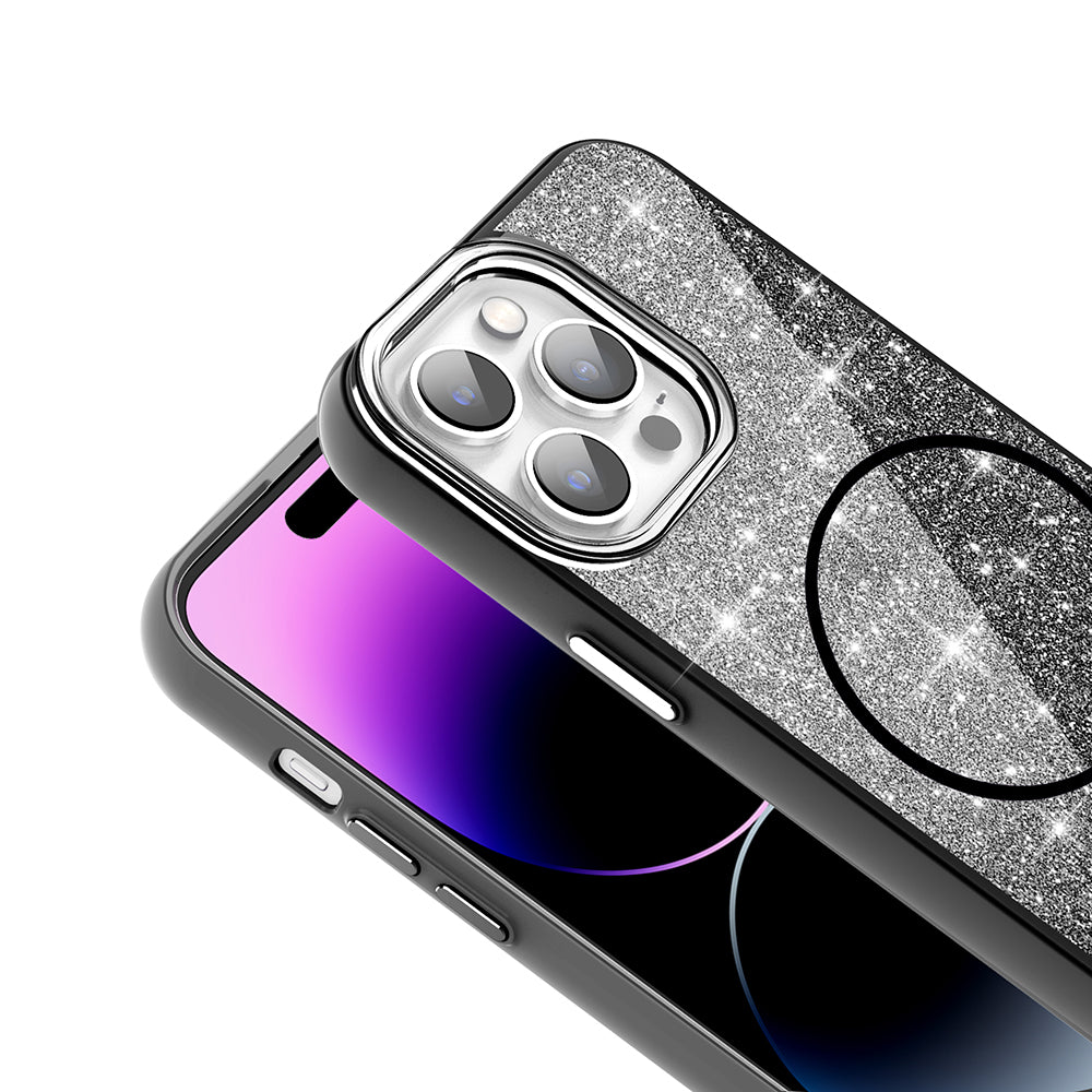 Apple iPhone 14 Pro Max Kılıf M-safe Şarj Özellikli Parlayan Simli Zore Okso Kapak Pembe