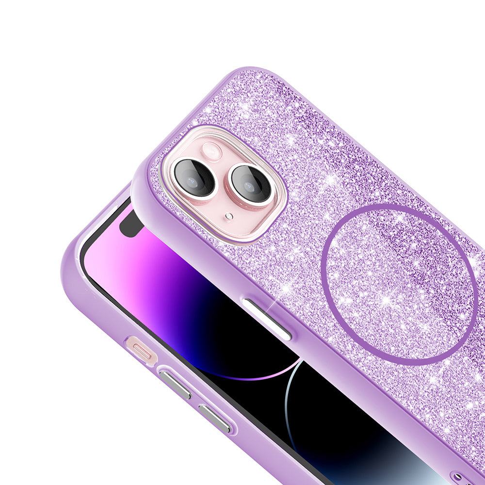 Apple iPhone 15 Kılıf M-safe Şarj Özellikli Parlayan Simli Zore Okso Kapak Derin Mor