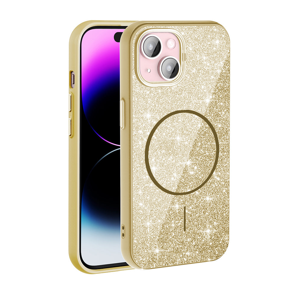 Apple iPhone 15 Kılıf M-safe Şarj Özellikli Parlayan Simli Zore Okso Kapak Gold