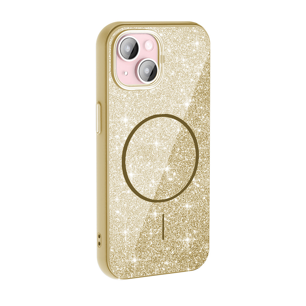 Apple iPhone 15 Kılıf M-safe Şarj Özellikli Parlayan Simli Zore Okso Kapak Gold