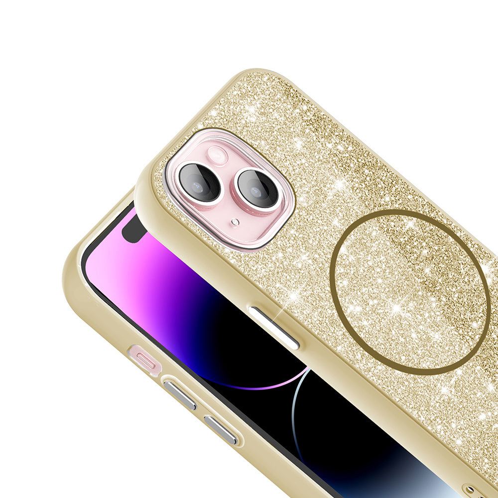 Apple iPhone 15 Kılıf M-safe Şarj Özellikli Parlayan Simli Zore Okso Kapak Derin Mor