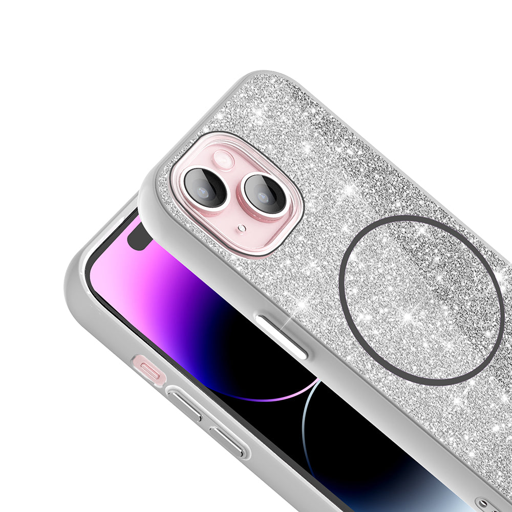 Apple iPhone 15 Kılıf M-safe Şarj Özellikli Parlayan Simli Zore Okso Kapak Pembe