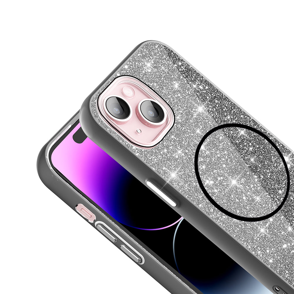 Apple iPhone 15 Kılıf M-safe Şarj Özellikli Parlayan Simli Zore Okso Kapak Siyah
