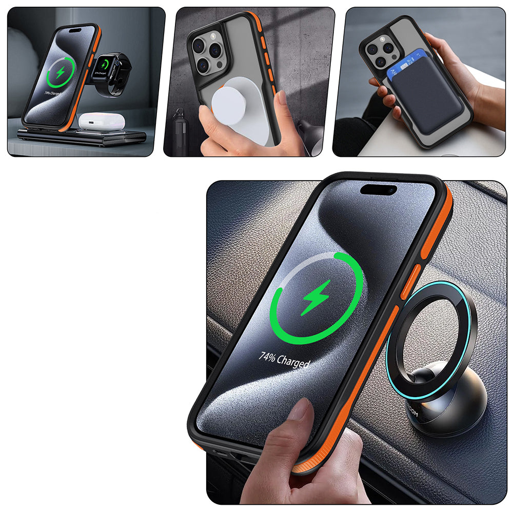 Apple iPhone 15 Pro Max Kılıf M-safe Şarj Özellikli Renkli Kenar Airbag Şeritli Zore Lamer Kapak Turuncu