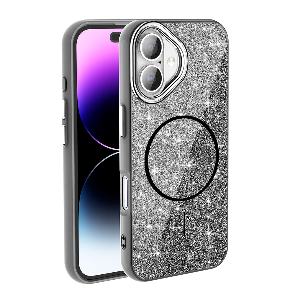 Apple iPhone 16 Plus Kılıf M-safe Şarj Özellikli Parlayan Simli Zore Okso Kapak Derin Mor