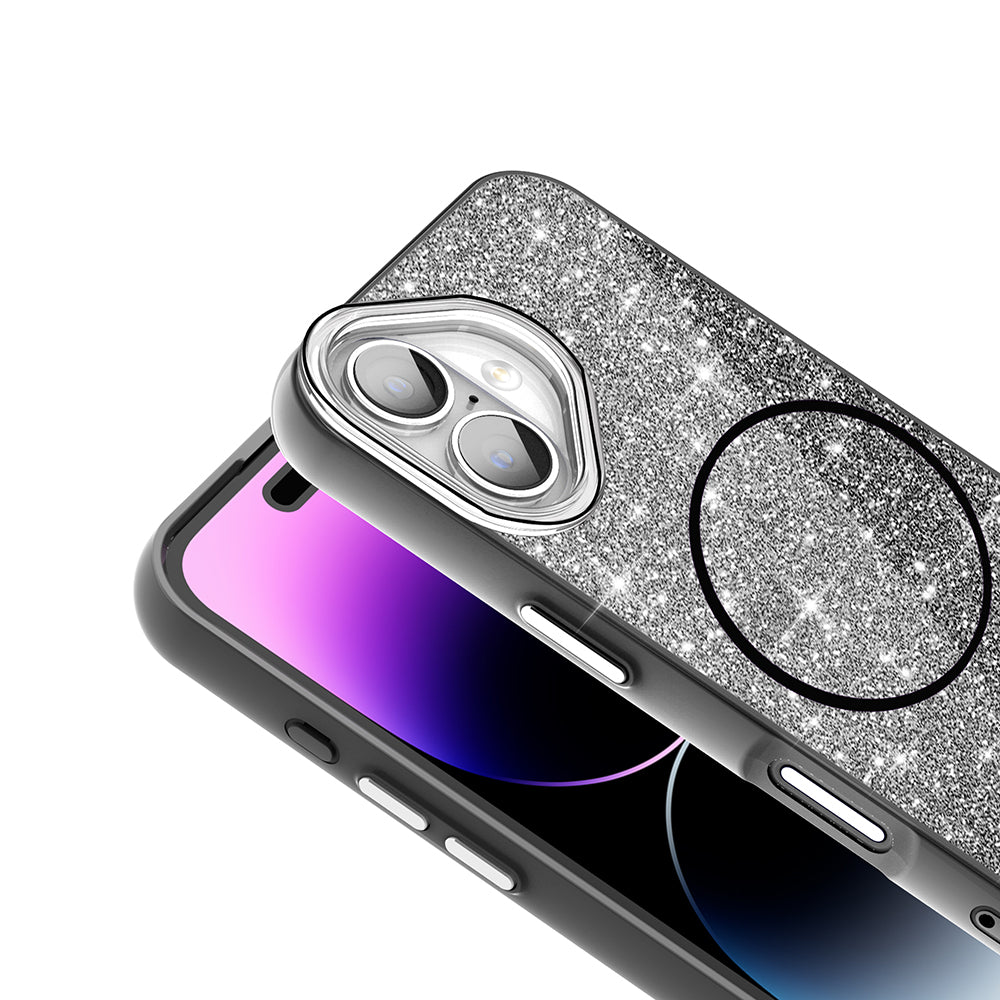 Apple iPhone 16 Plus Kılıf M-safe Şarj Özellikli Parlayan Simli Zore Okso Kapak Siyah