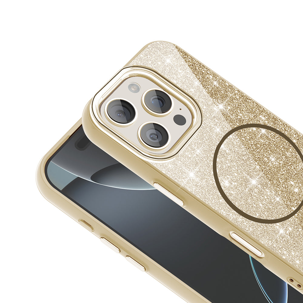 Apple iPhone 16 Pro Max Kılıf M-safe Şarj Özellikli Parlayan Simli Zore Okso Kapak Gold