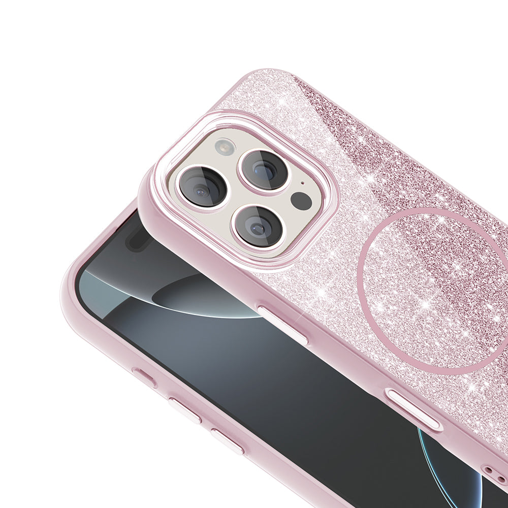 Apple iPhone 16 Pro Max Kılıf M-safe Şarj Özellikli Parlayan Simli Zore Okso Kapak Beyaz