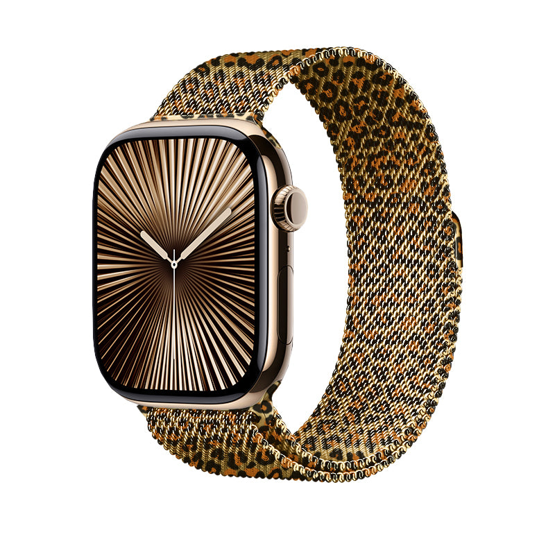 Apple Watch 42mm Zore KRD-01 Leopar Desenli Metal Kordon Sarı-Leopar