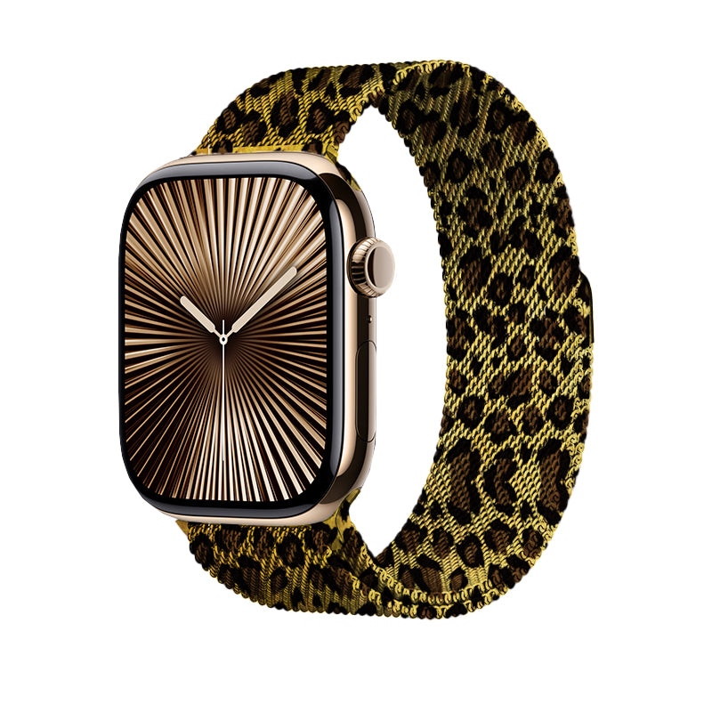 Apple Watch 44mm Zore KRD-01 Leopar Desenli Metal Kordon Gold Leopar