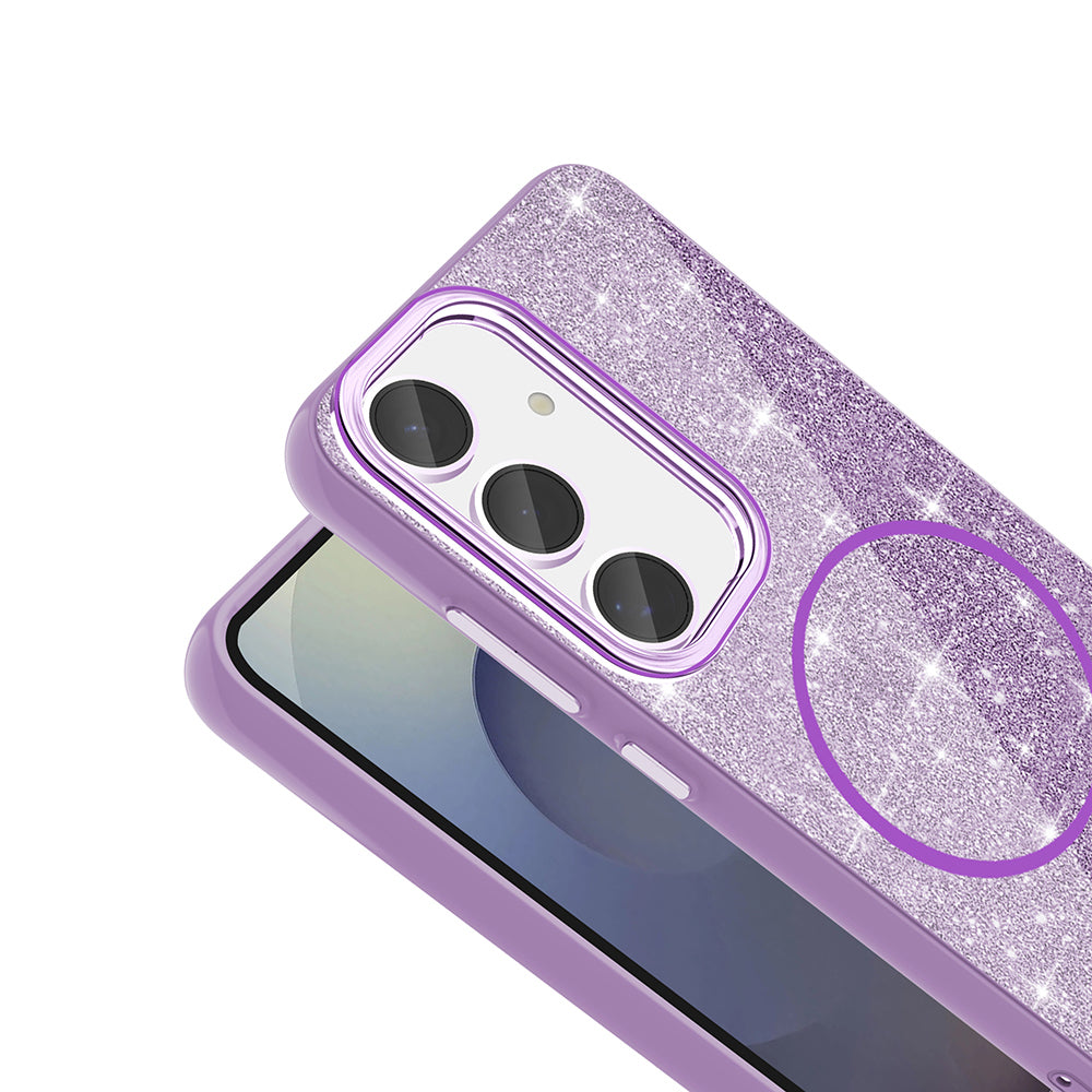 Galaxy S23 FE Kılıf M-safe Şarj Özellikli Parlayan Simli Zore Okso Kapak Derin Mor