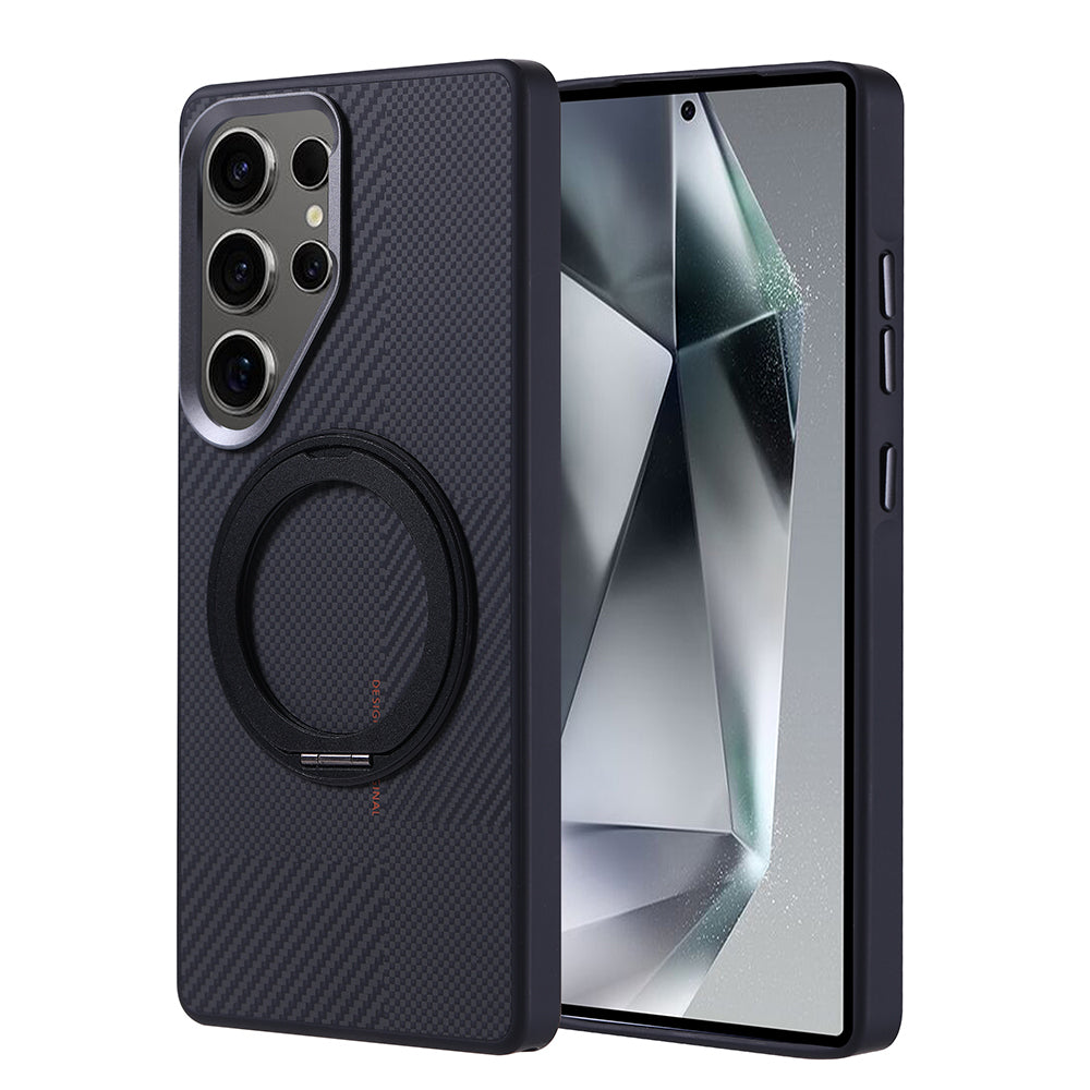 Galaxy S25 Ultra Kılıf M-safe Şarj Özellikli Karbon Fiber Görünümlü Zore Standlı Troy Kapak Siyah