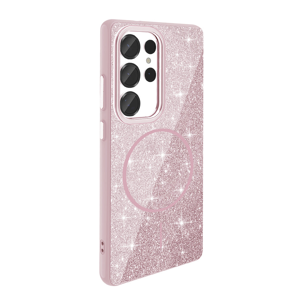 Galaxy S25 Ultra Kılıf M-safe Şarj Özellikli Parlayan Simli Zore Okso Kapak Pembe