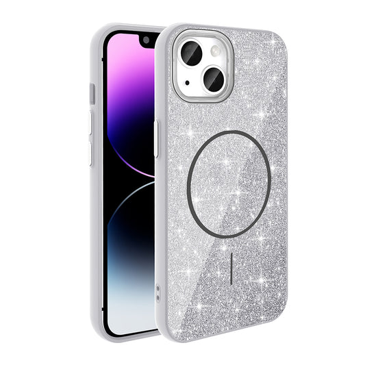 Apple iPhone 11 Kılıf M-safe Şarj Özellikli Parlayan Simli Zore Okso Kapak Beyaz