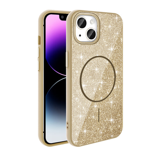 Apple iPhone 11 Kılıf M-safe Şarj Özellikli Parlayan Simli Zore Okso Kapak Gold