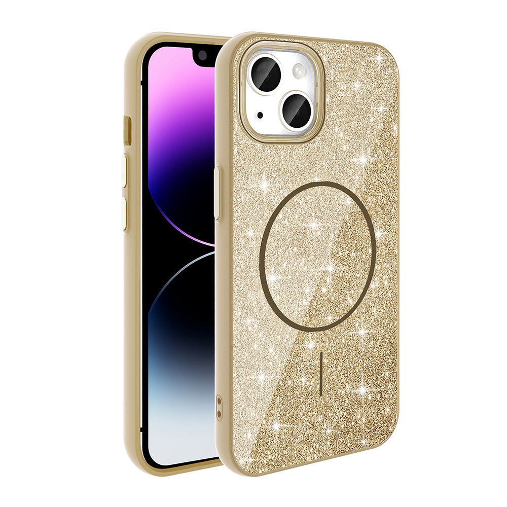 Apple iPhone 13 Kılıf M-safe Şarj Özellikli Parlayan Simli Zore Okso Kapak Gold
