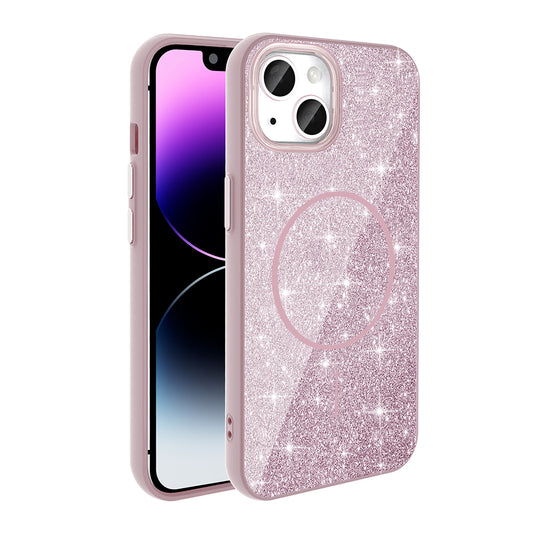 Apple iPhone 14 Kılıf M-safe Şarj Özellikli Parlayan Simli Zore Okso Kapak Pembe