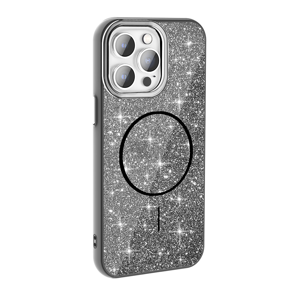 Apple iPhone 14 Pro Max Kılıf M-safe Şarj Özellikli Parlayan Simli Zore Okso Kapak Pembe