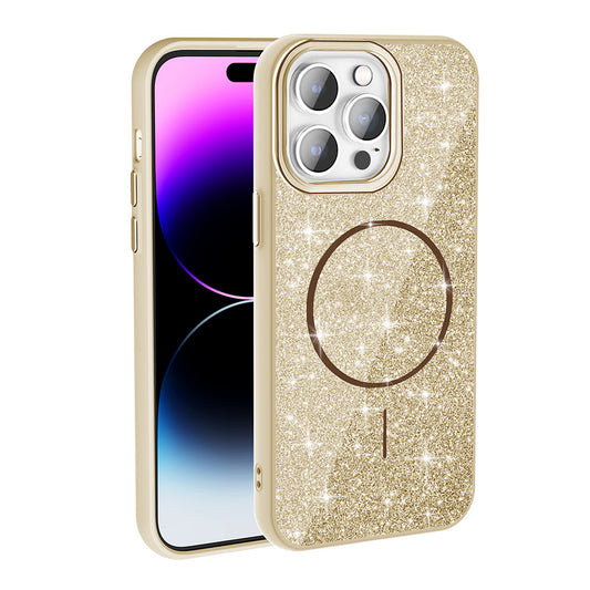 Apple iPhone 14 Pro Max Kılıf M-safe Şarj Özellikli Parlayan Simli Zore Okso Kapak Gold