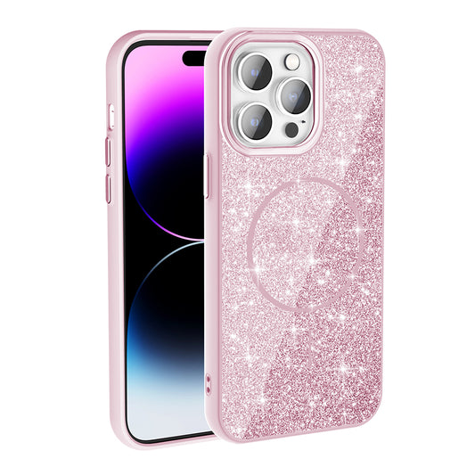 Apple iPhone 14 Pro Max Kılıf M-safe Şarj Özellikli Parlayan Simli Zore Okso Kapak Pembe