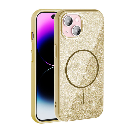 Apple iPhone 15 Kılıf M-safe Şarj Özellikli Parlayan Simli Zore Okso Kapak Gold