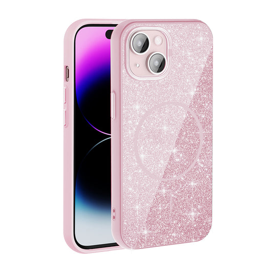 Apple iPhone 15 Kılıf M-safe Şarj Özellikli Parlayan Simli Zore Okso Kapak Pembe