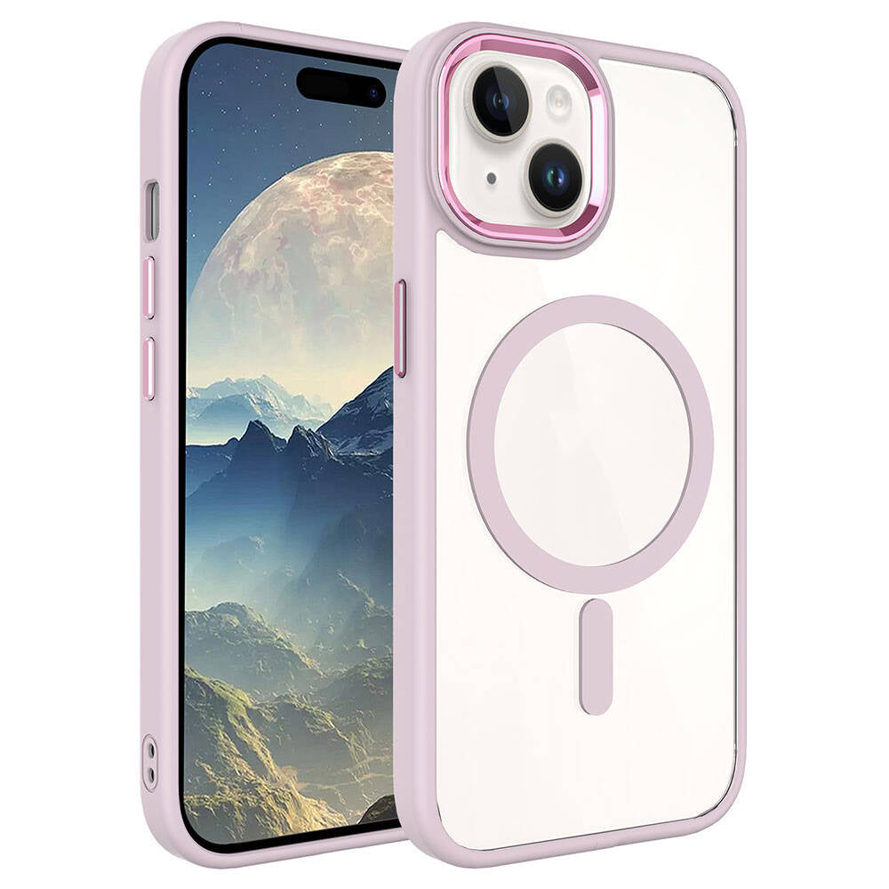 Apple iPhone 15 Kılıf Wireless Şarj Özellikli Zore Krom M-safe Silikon Kapak Lavendery Gray