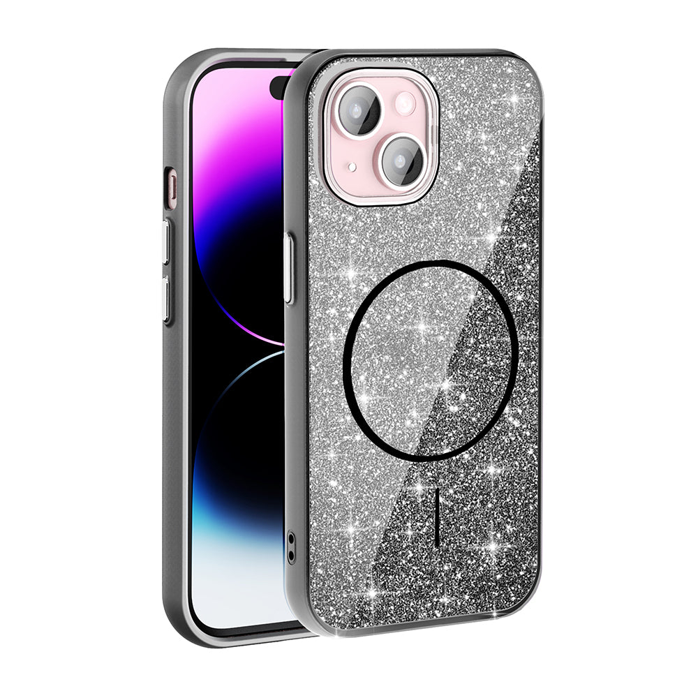 Apple iPhone 15 Plus Kılıf M-safe Şarj Özellikli Parlayan Simli Zore Okso Kapak Beyaz