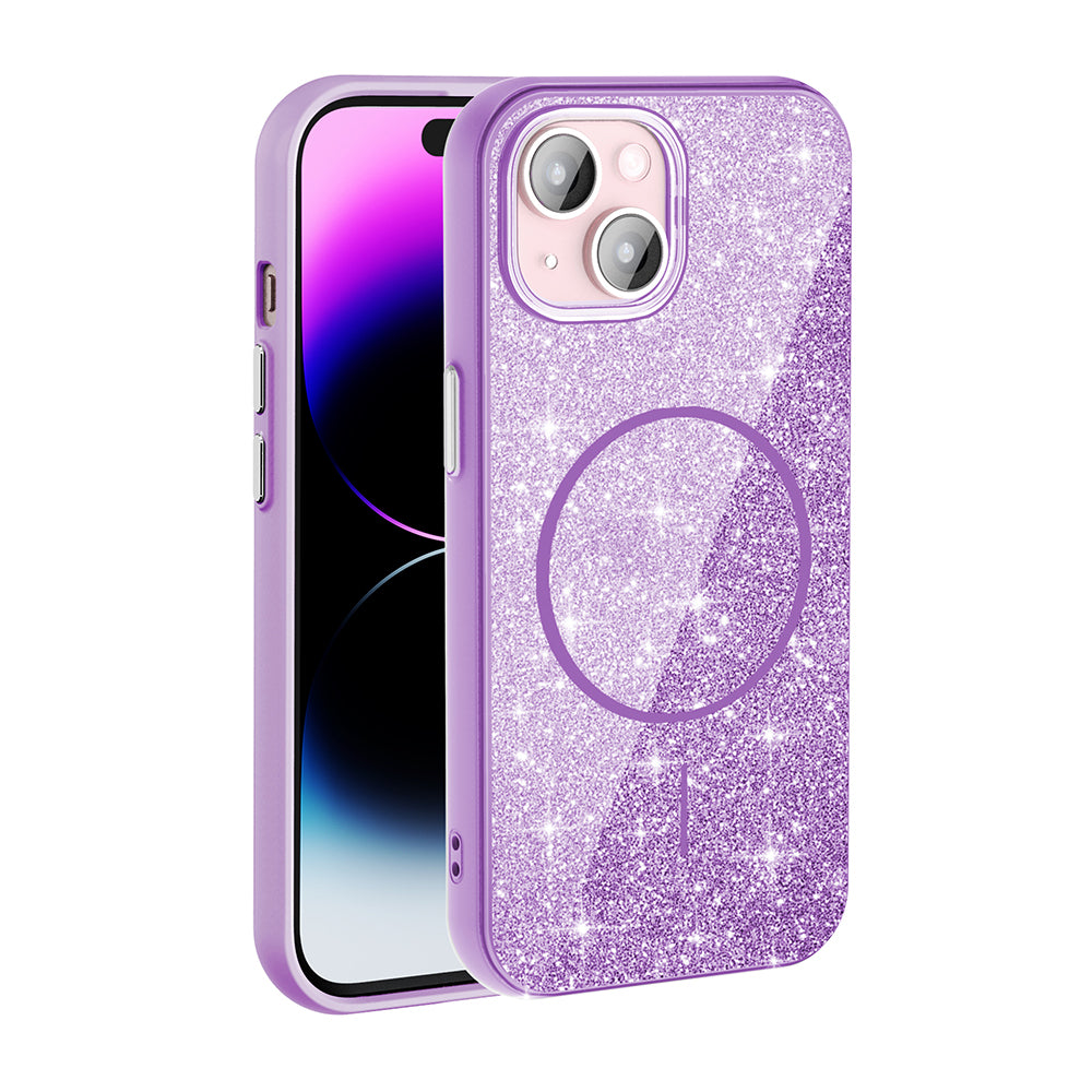 Apple iPhone 15 Plus Kılıf M-safe Şarj Özellikli Parlayan Simli Zore Okso Kapak Beyaz