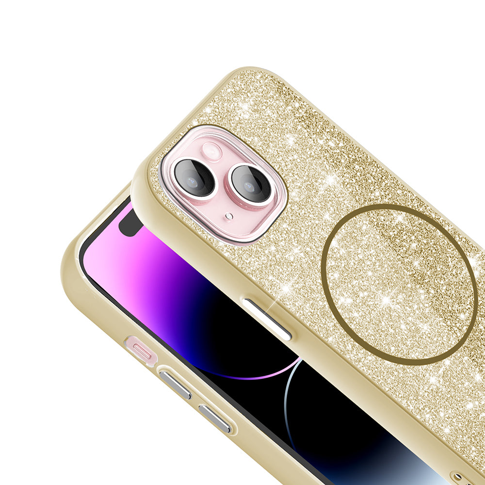 Apple iPhone 15 Plus Kılıf M-safe Şarj Özellikli Parlayan Simli Zore Okso Kapak Siyah