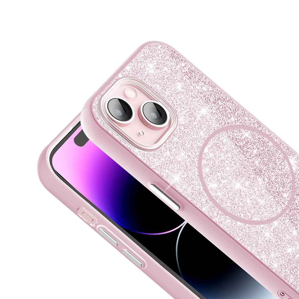 Apple iPhone 15 Plus Kılıf M-safe Şarj Özellikli Parlayan Simli Zore Okso Kapak Beyaz