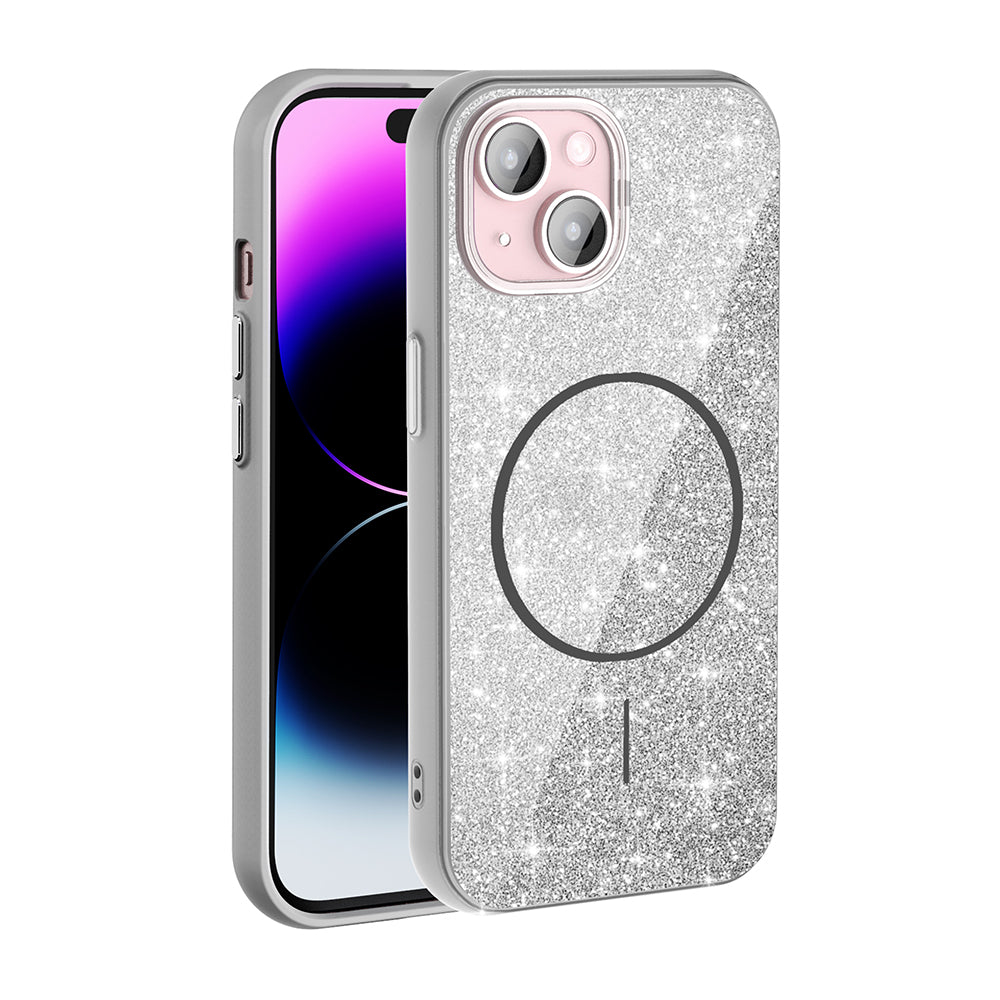 Apple iPhone 15 Plus Kılıf M-safe Şarj Özellikli Parlayan Simli Zore Okso Kapak Beyaz