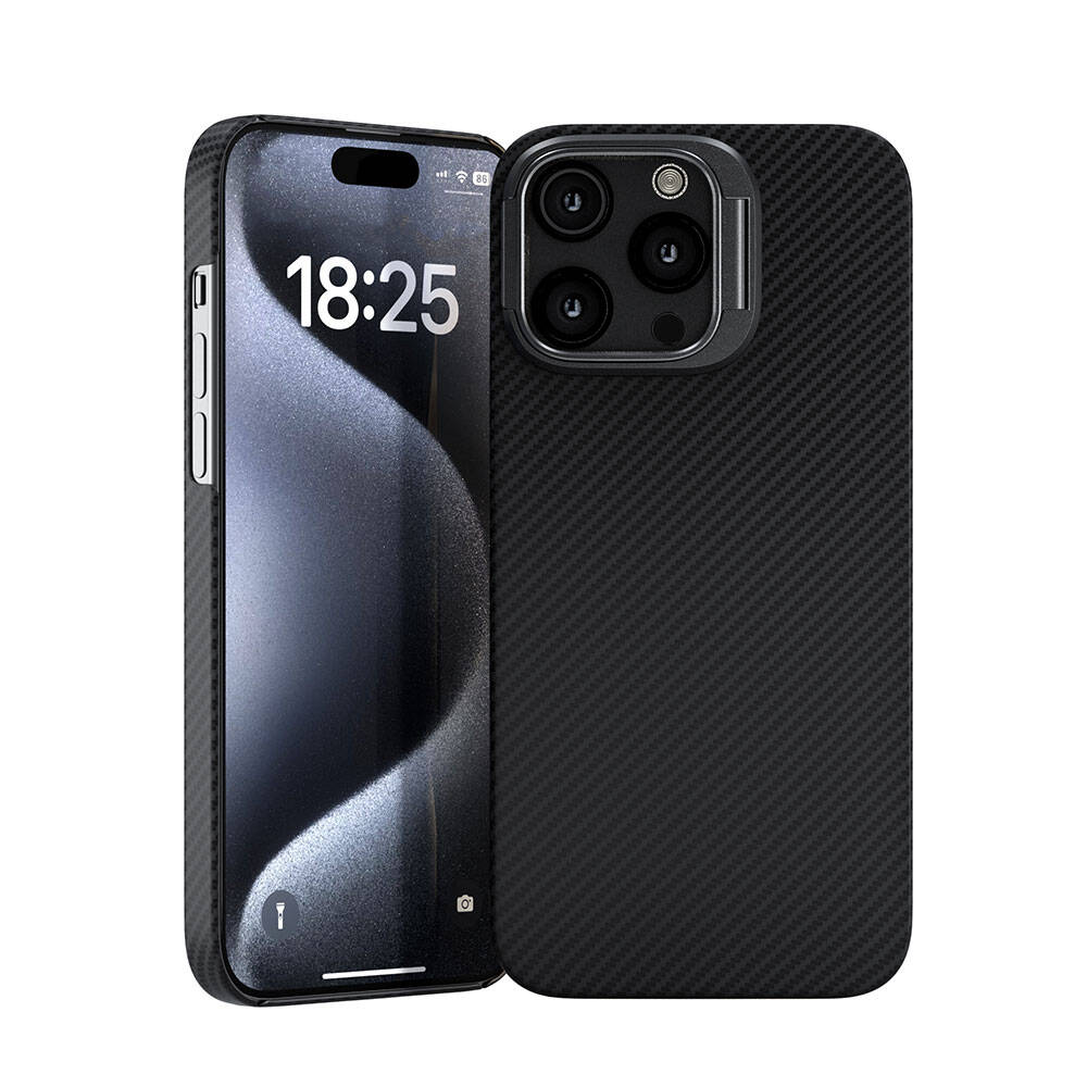 Apple iPhone 15 Pro Kılıf M-safe Şarj Özellikli 600D Kevlar Zore Krek Karbon Standlı Kapak Siyah