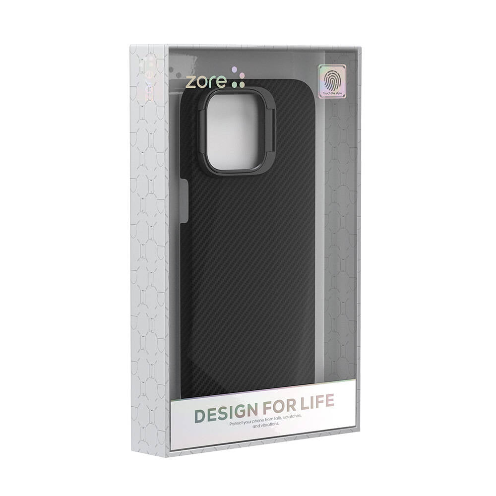 Apple iPhone 15 Pro Kılıf M-safe Şarj Özellikli 600D Kevlar Zore Krek Karbon Standlı Kapak Siyah
