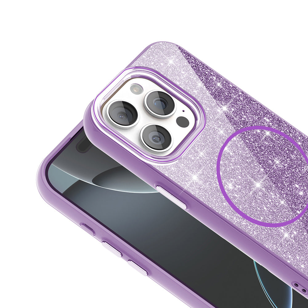 Apple iPhone 15 Pro Kılıf M-safe Şarj Özellikli Parlayan Simli Zore Okso Kapak Siyah