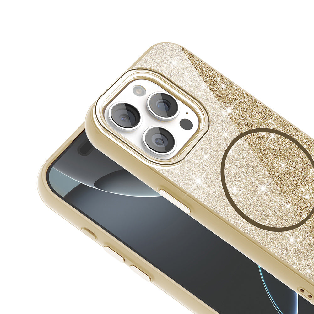 Apple iPhone 15 Pro Kılıf M-safe Şarj Özellikli Parlayan Simli Zore Okso Kapak Beyaz