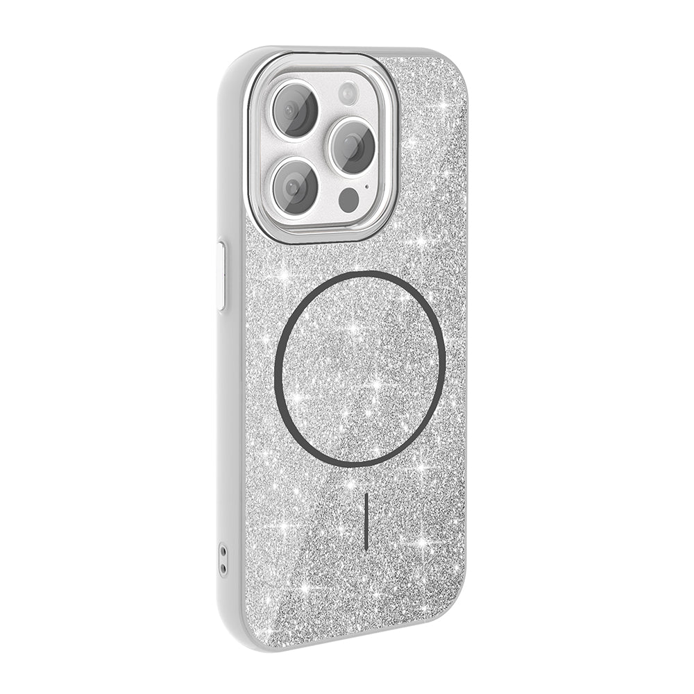 Apple iPhone 15 Pro Kılıf M-safe Şarj Özellikli Parlayan Simli Zore Okso Kapak Pembe