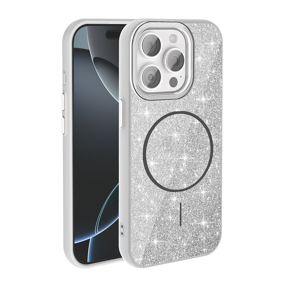 Apple iPhone 15 Pro Kılıf M-safe Şarj Özellikli Parlayan Simli Zore Okso Kapak Beyaz