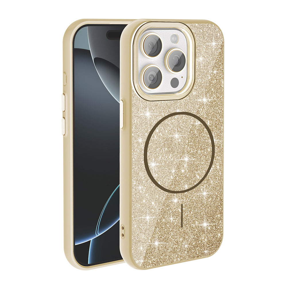 Apple iPhone 15 Pro Kılıf M-safe Şarj Özellikli Parlayan Simli Zore Okso Kapak Gold