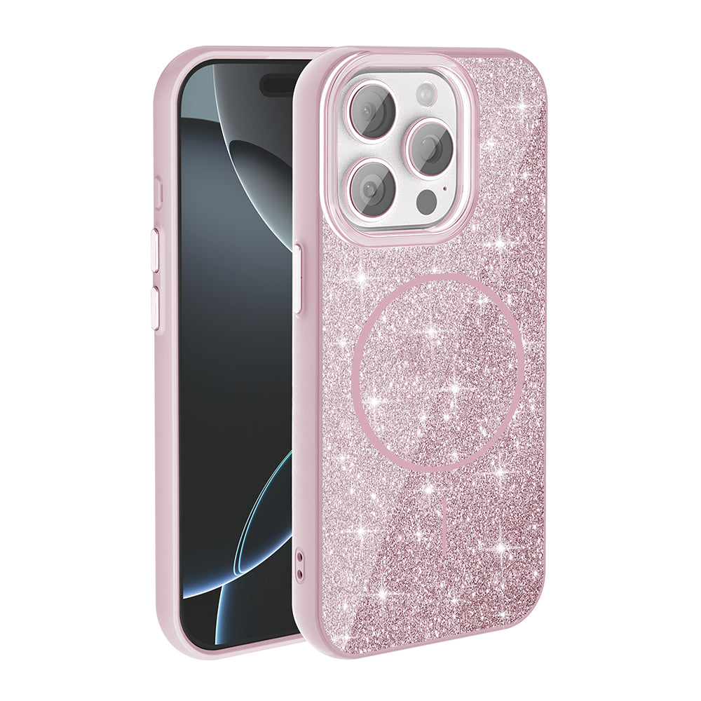 Apple iPhone 15 Pro Kılıf M-safe Şarj Özellikli Parlayan Simli Zore Okso Kapak Pembe