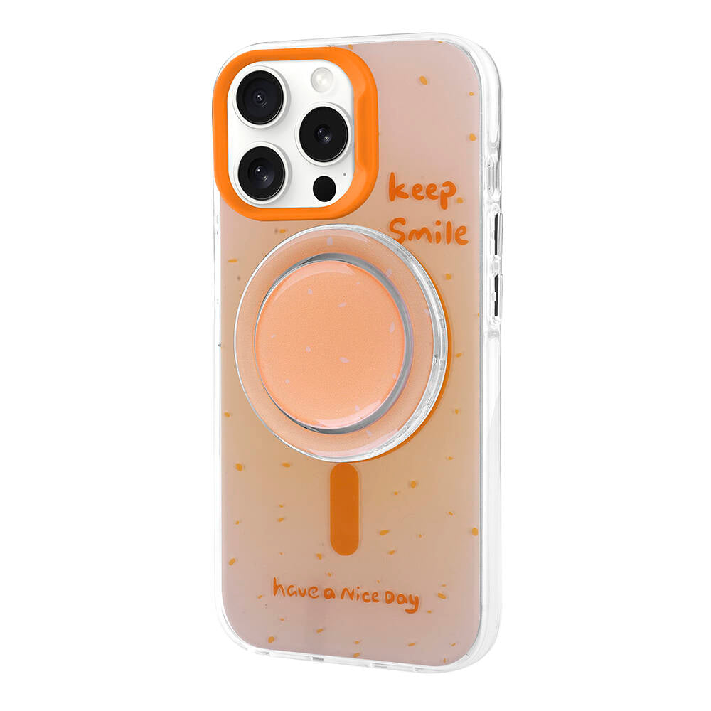 Apple iPhone 15 Pro Kılıf M-safe Şarj Özellikli Tak-Çıkar Pop Soketli Zore Tiktok Kapak Turuncu