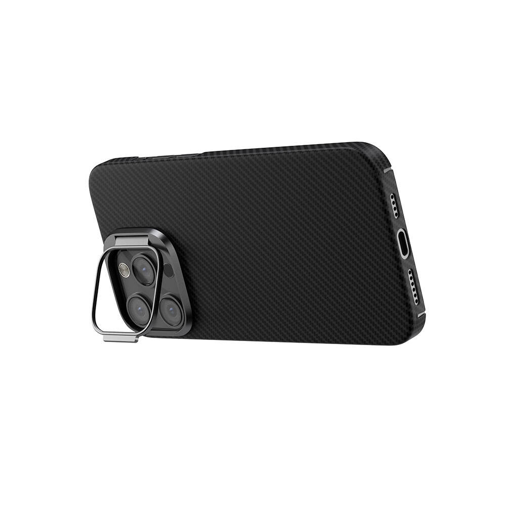 Apple iPhone 15 Pro Max Kılıf M-safe Şarj Özellikli 600D Kevlar Zore Krek Karbon Standlı Kapak Siyah