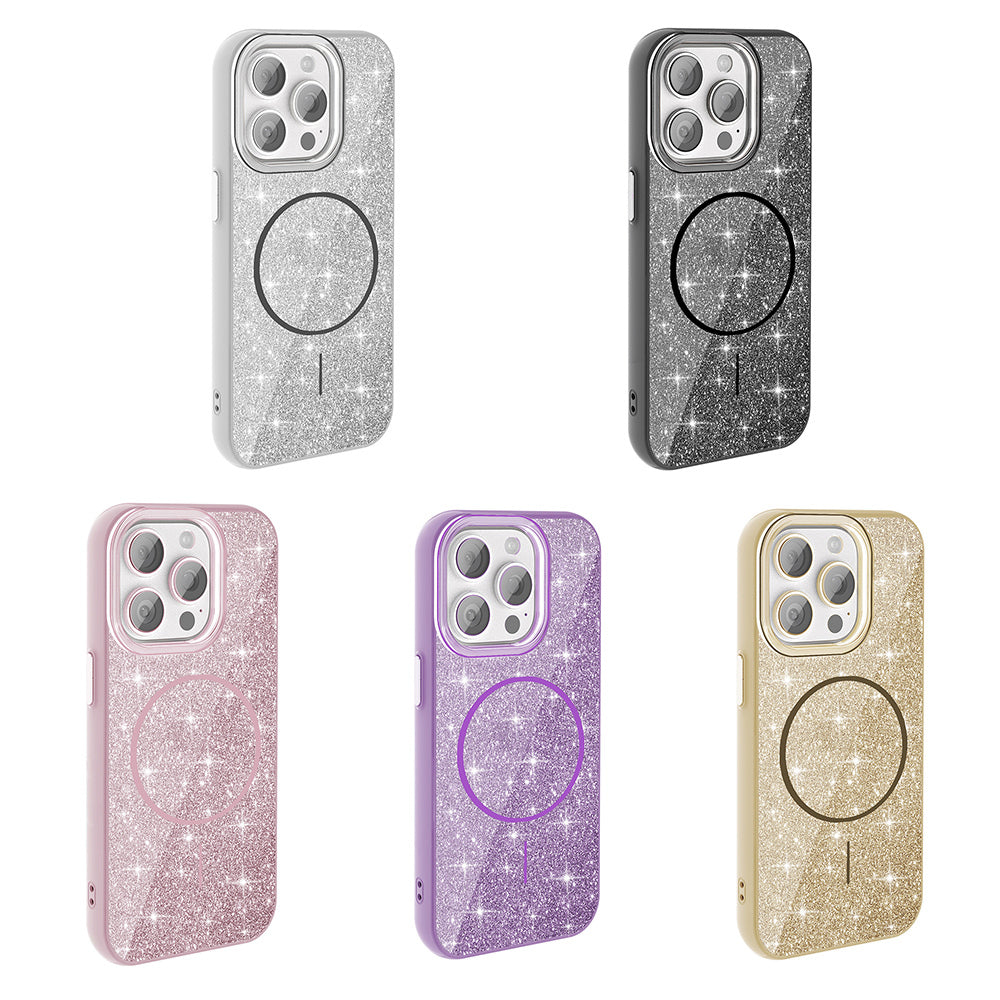 Apple iPhone 15 Pro Max Kılıf M-safe Şarj Özellikli Parlayan Simli Zore Okso Kapak Gold