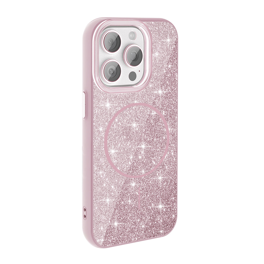 Apple iPhone 15 Pro Max Kılıf M-safe Şarj Özellikli Parlayan Simli Zore Okso Kapak Pembe